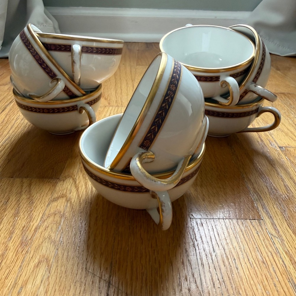 Vintage Lamberton Scammell Bouillon Cups Set of 8 Double Handle Gold Purple USA
